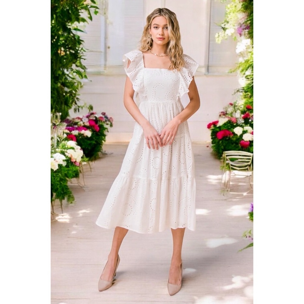 Flying Tomato Natural Beige Eyelet Ruffle & Bow Tiered Midi Dress - Picture 9 of 12